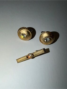 Fabulous Vintage Unisex Swank Gold-Tone & Rhinestone Cufflink & Tie Clip
